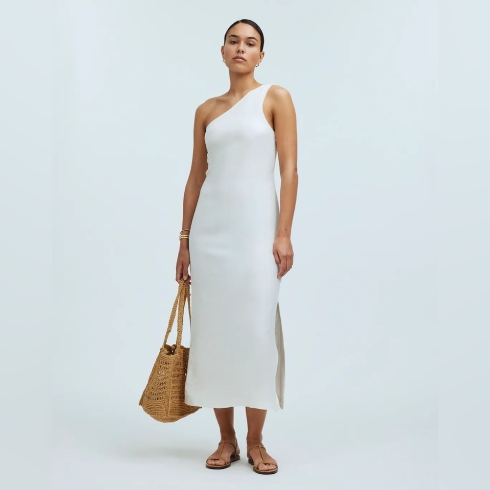 Madewell One-Shoulder Midi Dress with Side Slit, Zipper, Linen Blend Size 00